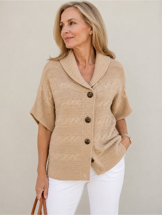 Talbots Sweaters - Talbots Camel Cableknit Short Sleeve Cardigan Polished Old Money Capsule Preppy